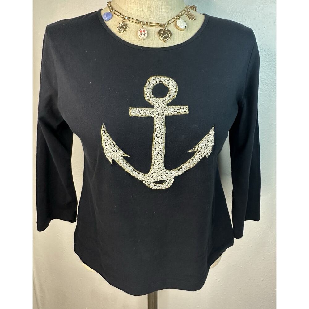 Cha Cha Vente Size Large Pearl Embellished Nautical Anchor Design Black Top